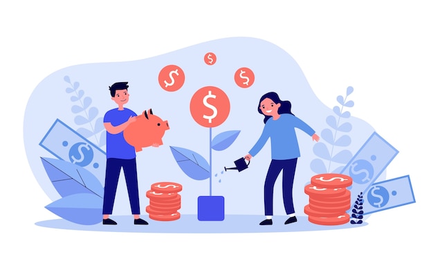 Vector niños felices creciendo árbol del dinero