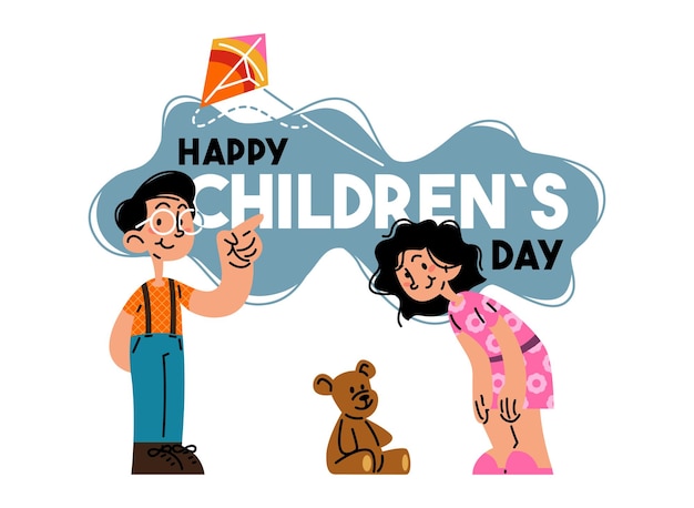 Niños felices del día del niño que juegan con la ilustración del vector de la cometa y de la muñeca