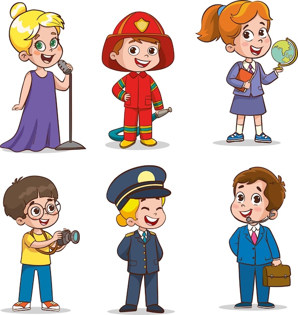 Niños felices de dibujos animados en diferentes profesiones ilustración vectorial