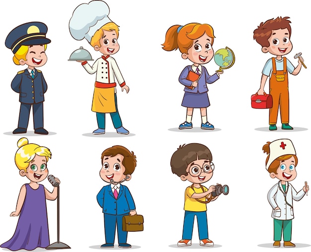 Vector niños felices de dibujos animados en diferentes profesiones ilustración vectorial
