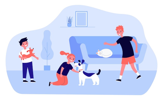 Vector niños felices de dibujos animados jugando con perros y gatos lindos en casa. chica acariciando perro, gato durmiendo en la ilustración de vector plano de sofá. mascotas, concepto de amistad para banner, diseño de sitios web o página web de destino
