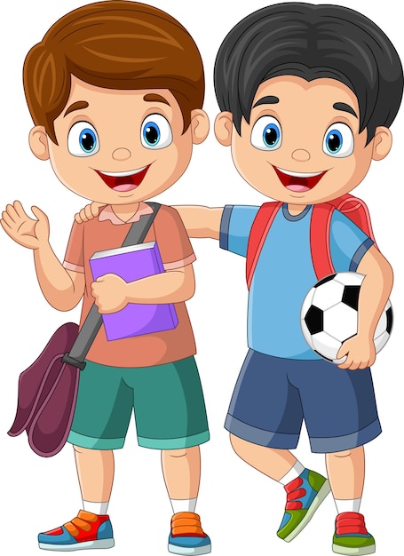 Vector niños felices de dibujos animados con libro y balón de fútbol