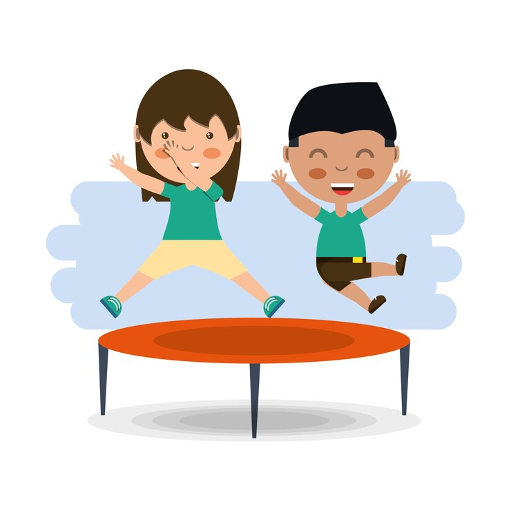 Vector niños felices de dibujos animados saltando en el icono de trampolín