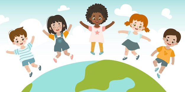 Niños felices de dibujos animados saltando sobre el planeta tierra diversos niños volando sobre el globo terráqueo