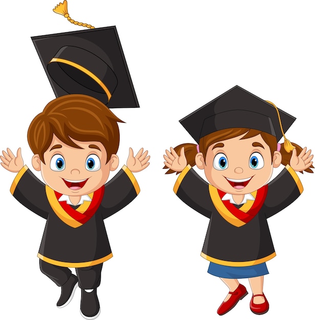 Niños felices de dibujos animados en trajes de graduación