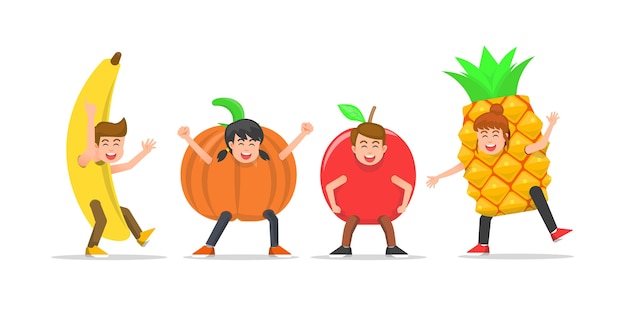 Vector niños felices con disfraces de frutas