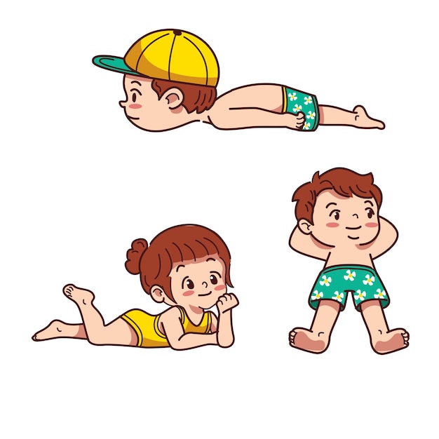 Niños felices disfrutando de las vacaciones de verano con varias poses que muestran diversión y actividades al aire libre