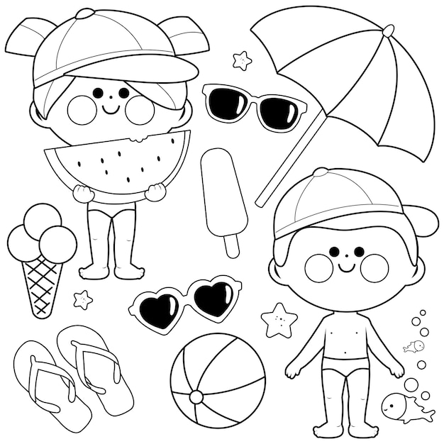 Los niños felices se divierten en una isla de vacaciones de verano Vector página de colorear en blanco y negro
