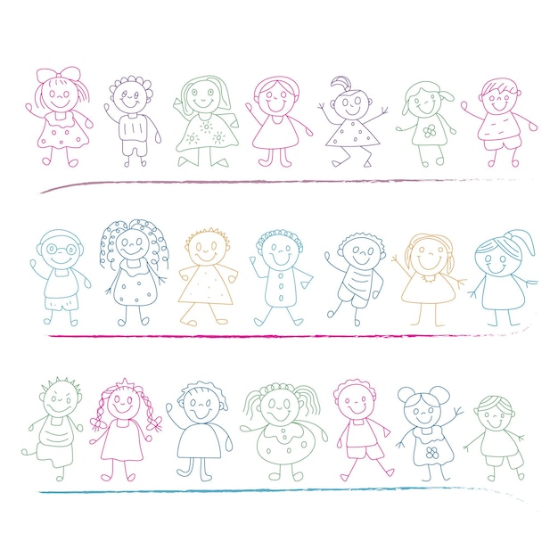 Niños felices y encantadores o niños pequeños dibujan bocetos con diferentes poses
