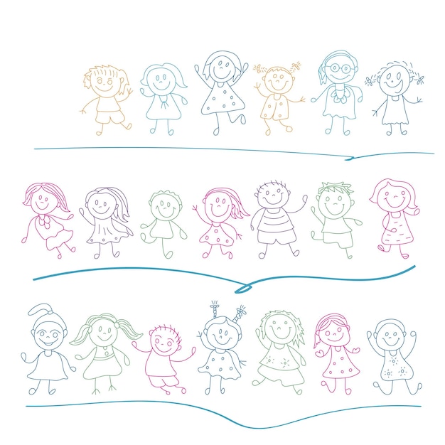 Niños felices y encantadores o niños pequeños dibujan bocetos con diferentes poses