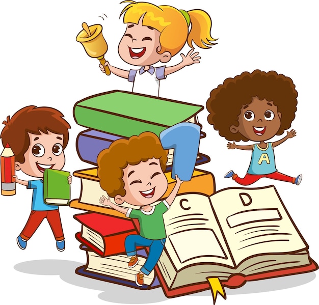 Niños felices de la escuela de dibujos animados, niños felices estudiando y aprendiendo.