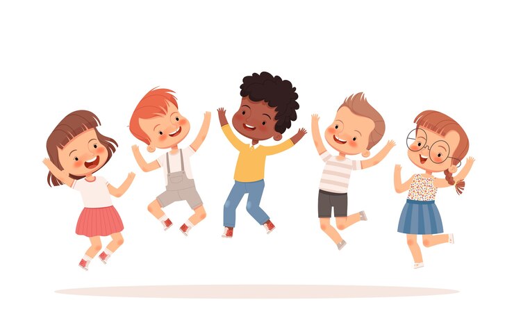 Vector los niños felices están saltando, riendo y divirtiéndose. aislado en un fondo blanco.
