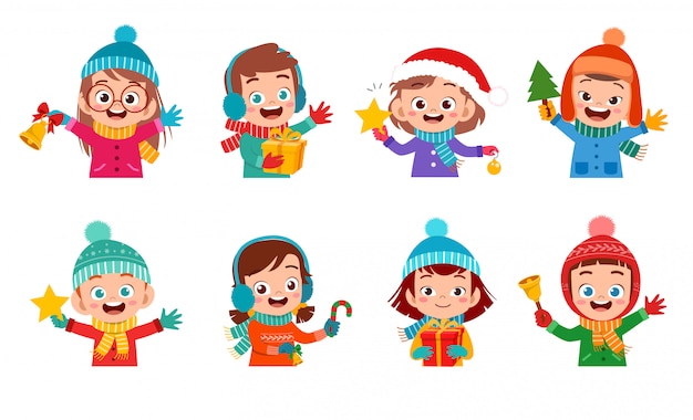 Niños felices expresión sonrisa conjunto de navidad