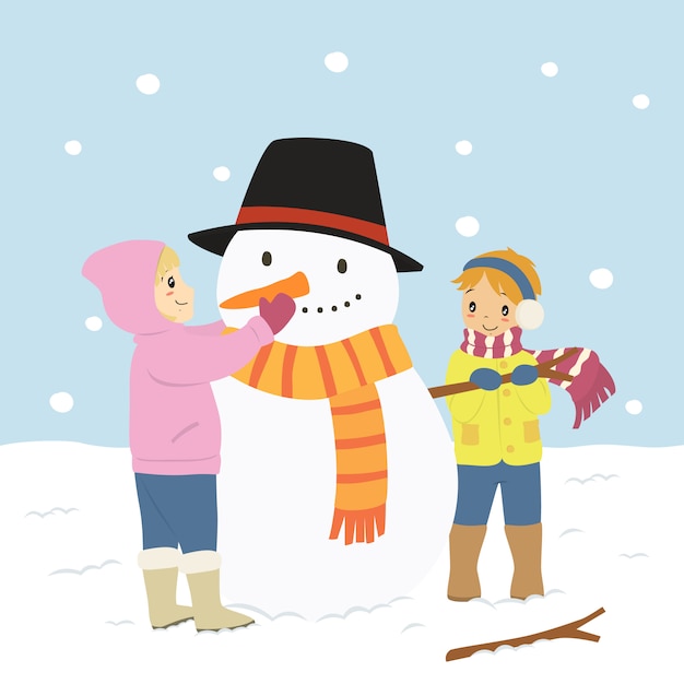 Niños felices haciendo un muñeco de nieve, personaje