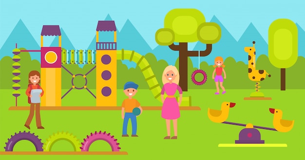 Vector niños felices en la ilustración de vector de juegos infantiles. adolescente niño y niña con madres o maestra caminando y jugando en el área de juego. juegos para niños y complejo deportivo. jardín de infantes o área escolar