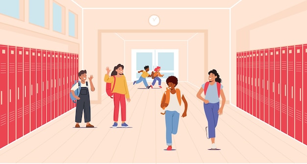 Niños felices en el interior del pasillo de la escuela concepto de regreso a la escuela grupo feliz de niños niñas blancas personajes de niños asiáticos y negros diviértete en el salón con casilleros personas de dibujos animados vector ilustración