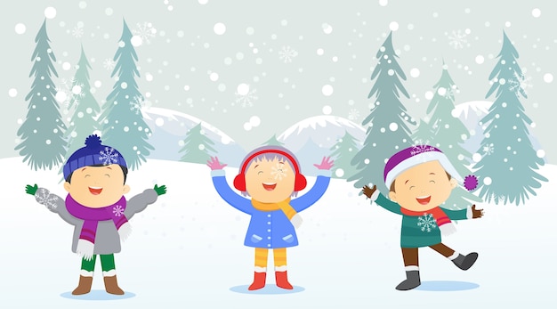 niños felices jugando al aire libre en invierno