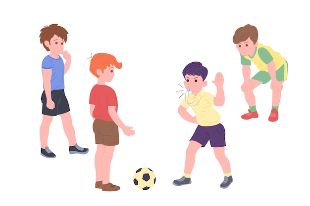 Niños felices jugando al deporte. niño y niña haciendo ejercicio físico. niños jugando al fútbol. infancia activa y saludable. ilustración de dibujos animados de vector plano aislado sobre fondo blanco