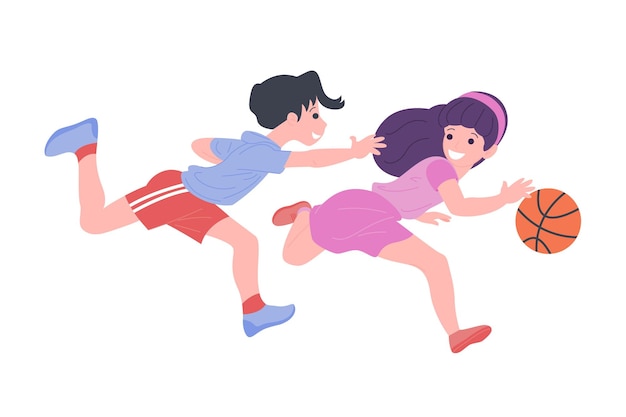 Niños felices jugando al deporte. Niño y niña haciendo ejercicio físico. Niños jugando basketeball. Infancia activa y saludable. Ilustración de dibujos animados de vector plano aislado sobre fondo blanco