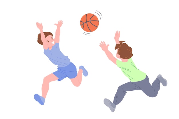 Niños felices jugando al deporte. niño y niña haciendo ejercicio físico. niños jugando basketeball. infancia activa y saludable. ilustración de dibujos animados de vector plano aislado sobre fondo blanco