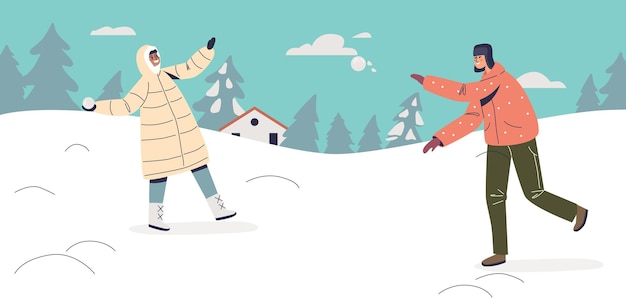 Niños felices jugando bolas de nieve. los niños disfrutan del invierno, las divertidas actividades al aire libre y el clima nevado en las vacaciones de invierno. concepto de entretenimiento de ocio exterior. ilustración de vector plano de dibujos animados