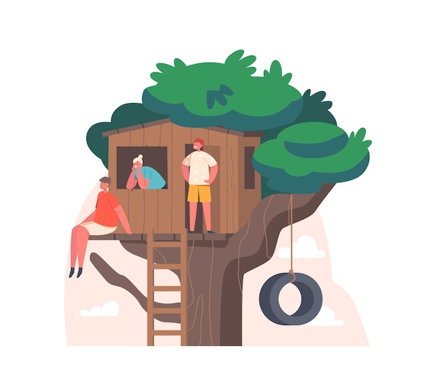 Niños felices jugando en la casa del árbol Amigos o hermanos pasan tiempo juntos Niños alegres juegan en la casa del árbol