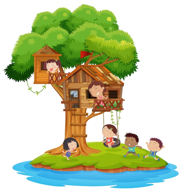 Niños felices jugando en casa del árbol en la isla