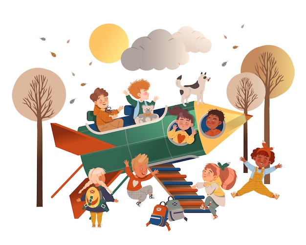 Niños felices jugando con cohetes mirando desde el puerto y abordando una gran ilustración vectorial de la nave espacial