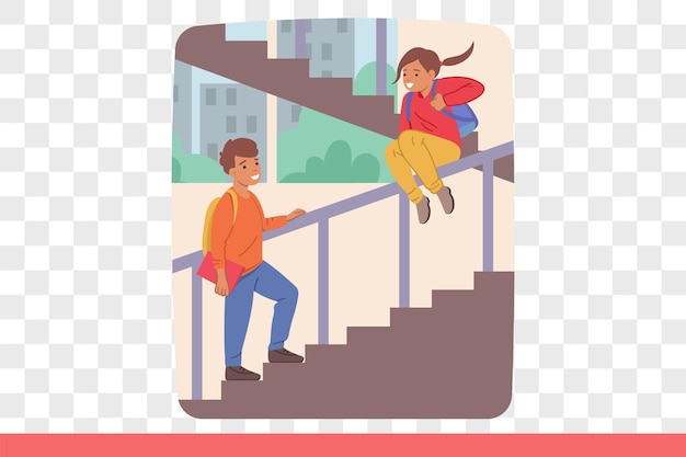 Niños felices jugando en las escaleras de la escuela y montando en barandillas disfrutando de una infancia despreocupada