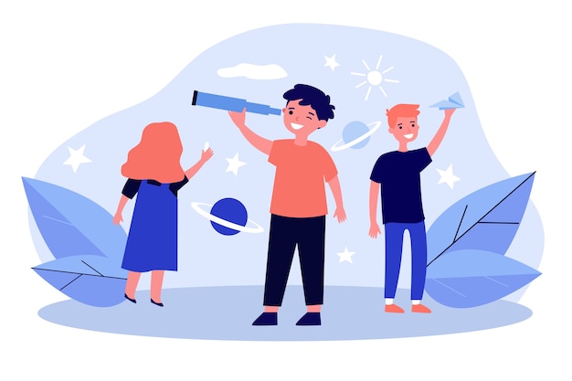 Niños felices jugando y explorando el universo.