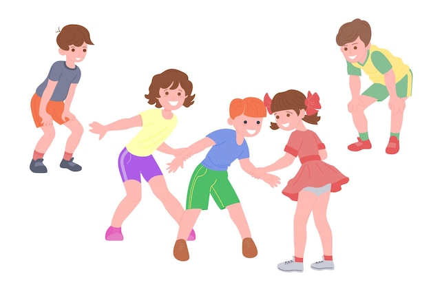 Niños felices jugando juegos deportivos. Los niños y las niñas están haciendo ejercicios físicos. Los niños juegan a ponerse al día. Infancia activa y saludable. Conjunto de ilustración de vector plano aislado sobre fondo blanco