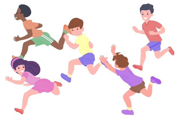 Niños felices jugando juegos deportivos. los niños y las niñas están haciendo ejercicios físicos. los niños juegan a ponerse al día. infancia activa y saludable. conjunto de ilustración de vector plano aislado sobre fondo blanco