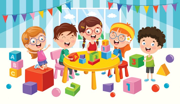 Vector niños felices jugando con juguetes