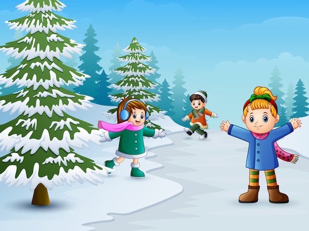 Vector niños felices jugando en el paisaje de invierno