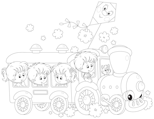 Niños felices jugando y viajando en un colorido tren de juguete