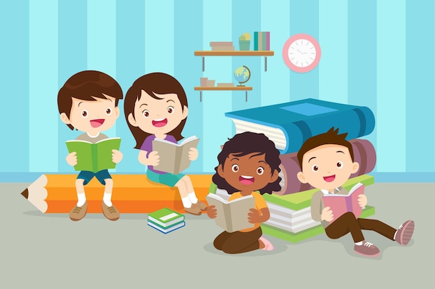 Vector niños felices leyendo libro back to school concept niños y libro