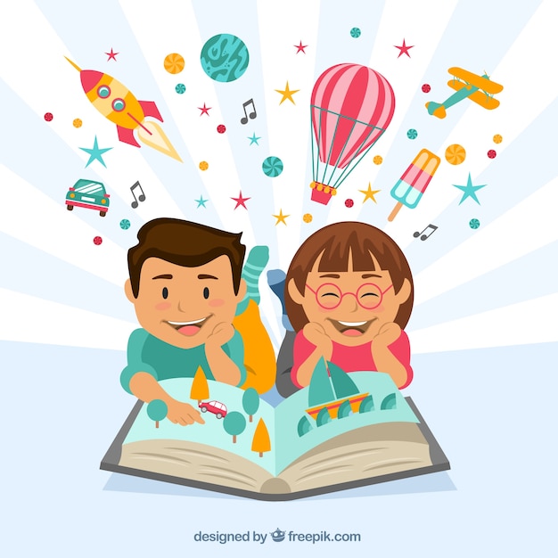 Vector niños felices leyendo un libro imaginativo