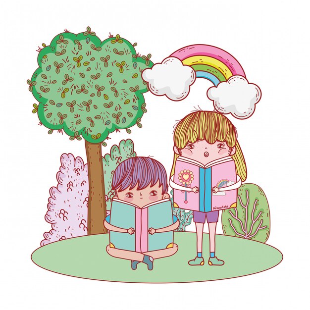 Niños felices leyendo libros en el paisaje