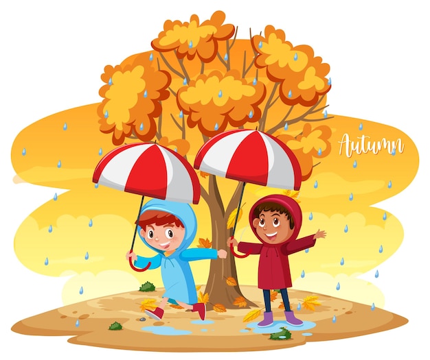 Vector niños felices bajo la lluvia con paraguas