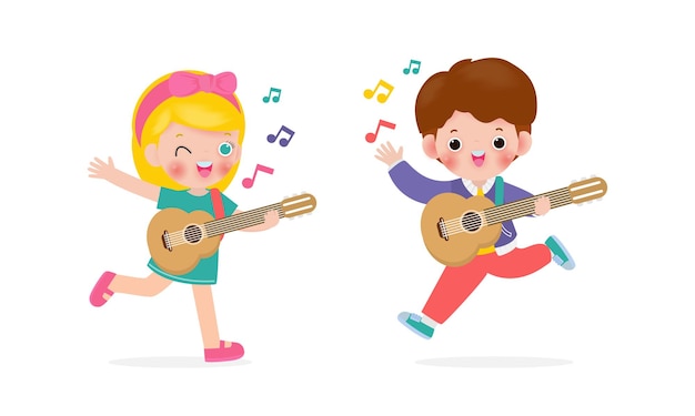 niños felices niño y niña tocando la guitarra