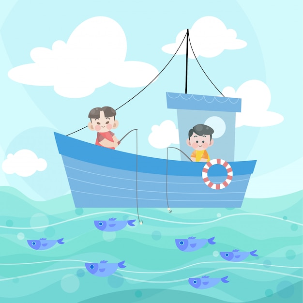 Vector niños felices pescando juntos