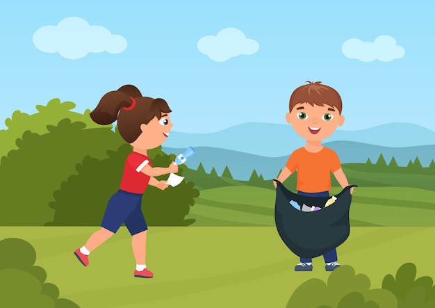 Los niños felices recogen basura basura en la naturaleza verde paisaje de verano niños voluntarios