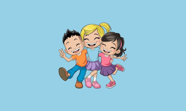 Niños felices riendo y abrazándose sobre un fondo azul