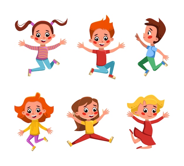 Niños felices saltando de alegría y emoción alegrándose y aplaudiendo Conjunto vectorial
