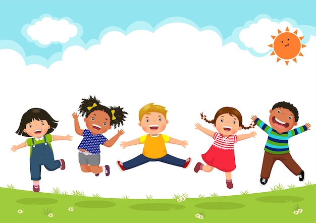 Vector niños felices saltando juntos durante un día soleado