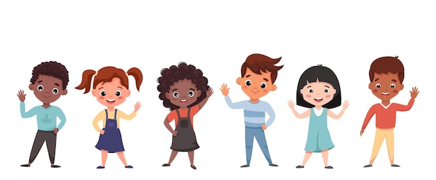 Niños felices saludando y sonriendo Niños de escuela primaria de dibujos animados mostrando adiós o gesto de bienvenida