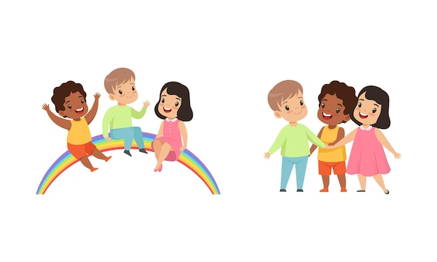 Niños felices sentados en el arco iris Amistad Unidad Tierra Protección del Planeta Ilustración vectorial de dibujos animados