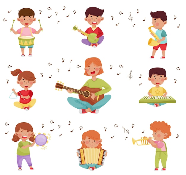 Niños felices tocando diferentes instrumentos musicales conjunto de ilustraciones vectoriales
