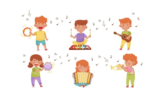 Niños felices tocando diferentes instrumentos musicales Conjunto de ilustraciones vectoriales