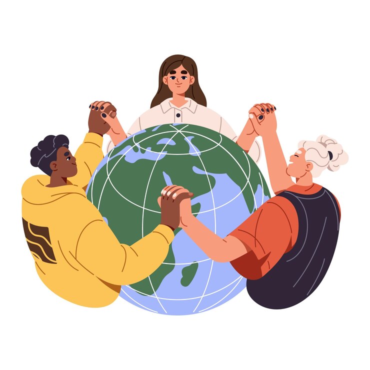 Vector los niños felices se toman de la mano para proteger la ecología de la tierra juntos los jóvenes salvan el medio ambiente del planeta verde los niños aman el mundo las niñas y los niños se preocupan por el globo plano ilustración vectorial aislada en blanco